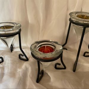 Set of 3 votive candle, wrought iron/glass holders
